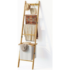 BAMBANG Deckenleiter mit Korb, 5-stufige Decken- und Steppdeckenhalterung Leiter Handtuchhalter mit 4 Haken für Wohnzimmer, dekorative Regalleiter mit Aufbewahrungshamper, Bambus Natur