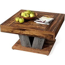 LITTLE TREE Square Coffee Table, Modern Rustic Coffee Table for Living Room, Wooden Table with Adjustable Feet, Brown