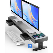 meatanty Reguliuojamo aukščio dviejų monitorių stovas su išmaniuoju koncentratoriumi, 15 W belaidžiu įkrovimu, 4 x USB 3.0, dviem laikymo stalčiais ir tvirta plienine konstrukcija namų biurui