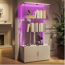 BPKADHY Stiklinė vitrina su LED apšvietimu, 4 sluoksniai ir 2 rakinamos durys, moderni medinė ir stiklinė vitrina kolekcionieriams, knygoms ir vynui (balta, 4 durys, 4 sluoksniai, LED apšvietimas)