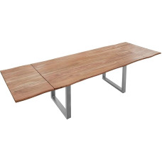 SAM Norina Wane Table 160 (260) x 90 cm Solid Acacia Wood and Stone-Coloured Varnished Dining Room Table with 2 Attachment Plates, Real Wane Edge, Dining Table with U-Metal Frame in Silver