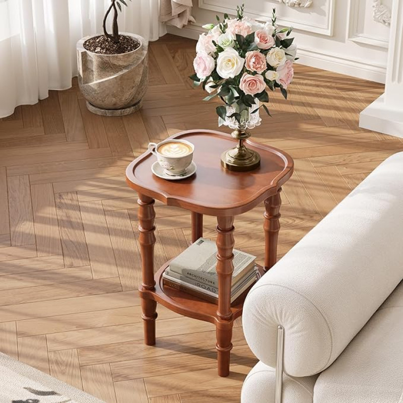 NKGIAG Beistelltisch Vintage Massivholz, 2 Ebenen Beistelltisch Rund Holz mit stauraum, Kleiner Wohnzimmertisch, Getränketisch, Couchtisch, Sofatisch, Nachttisch für Wohnzimmer, Schlafzimmer, Walnuss