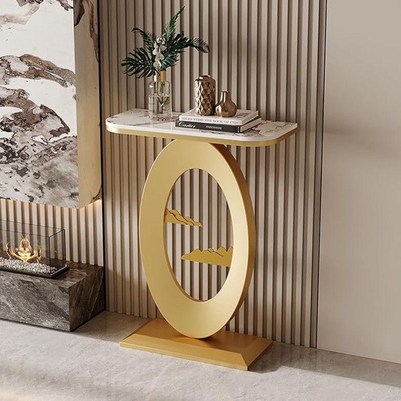 Schmaler Konsolentisch mit Stauraum, Beistelltisch für den Eingangsbereich, geometrisches Metallgestell in Gold, stilvoller Flurtisch für das Wohnzimmer, 60 cm/23,6 Zoll modernes Design.