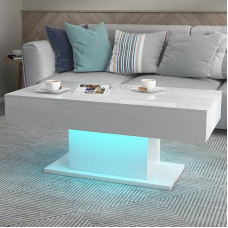 Kavos staliukas, svetainės staliukas, blizgus baltas sofos staliukas su moderniu LED apšvietimu, skirtas svetainei - 110 x 55 x 50 cm, USB, baltas-CT10
