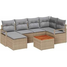 7-teiliges Garten Sofa Set mit Kissen Beige Poly Rattan Akazie Gartenlounge Model3347728