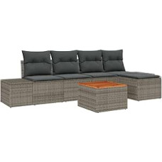 6-teiliges Garten-Sofa-Set mit Kissen Grau Poly Rattan Akazie Gartenlounge Model3356613