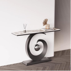 Modernus konsolinis staliukas - smėlio spalvos akmens viršus ir juodas metalinis pagrindas, minimalistiniai prieškambario ir svetainės baldai, stilingas sofos staliukas prieškambaryje (120 x 30 x 80 cm)