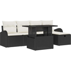 6-teiliges Garten Sofa Set mit Kissen Schwarz Poly Rattan, 2-Sitzer Garten Sofa mit Stauraum & Kissen Schwarz Poly Rattan Gartenlounge Modelis3361076
