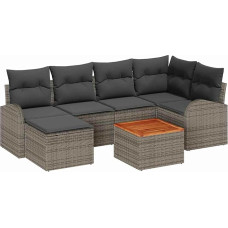 7-teiliges Garten Sofa Set mit Kissen Grau Poly Rattan Akazie, 2-Sitzer Garten Sofa mit Stauraum & Kissen Grau Poly Rattan Gartenlounge Model3356270