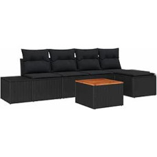 6-teiliges Garten Sofa Set mit Kissen Schwarz Poly Rattan Akazie Gartenlounge Modelis3347947