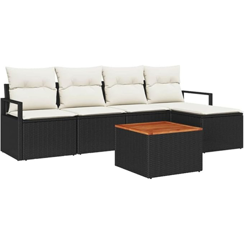 6-teiliges Garten-Sofa-Set mit Kissen Schwarz Poly Rattan Akazie, 2-Sitzer Garten-Sofa mit Stauraum & Kissen Schwarz Poly Rattan Gartenlounge Model3356360