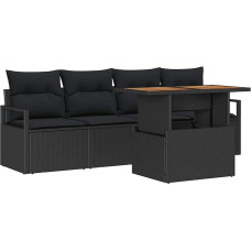 5-teiliges Garten-Sofa-Set mit Kissen Schwarz Poly Rattan, 2-Sitzer Garten-Sofa mit Stauraum & Kissen Schwarz Poly Rattan Gartenlounge Modelis3358382