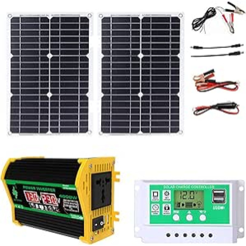 Tragbares Solarstrom-Kit 50 W wasserdichtes Solarmodul und 4000 W Solarwechselrichter, 12 V Solar 50 A Controller mit 2 USB-Anschlüssen und LED-Anzeige for tragbares Autoladegerät for Zuhause, Wohnmob