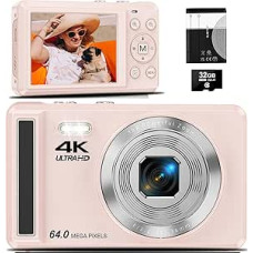 4K skaitmeninis fotoaparatas, 64 MP 2,8 colio UHD kompaktiškas fotoaparatas - automatinio fokusavimo įkraunama vaizdo įrašų kamera su 32 GB kortele ir baterija, nešiojamas kelionių fotoaparatas su 16 kartų skaitmeniniu priartinimu vaikams pradedantiesiems