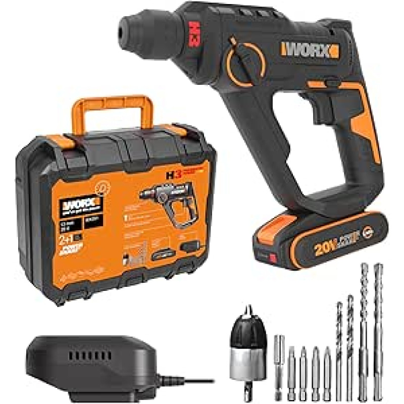 WORX WX391 akumuliatorinis gręžtuvas su plaktuku, 20 V, 13 mm gręžimo galia, 1150 aps/min, 6400 aps/min, 1,2 J smūgio energija, įskaitant 