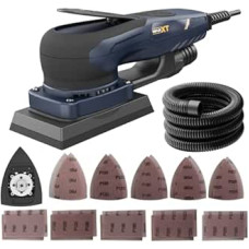 MAXXT 2-in-1 bešepetėlinis delta ir stačiakampis šlifuoklis 350 W, 6 lygių greičio reguliavimas (4000-10000 aps./min), sustabdomas per 1-2 sekundes, 20 šlifavimo lapų, skirtas siauriems kampams ir smulkiam šlifavimui