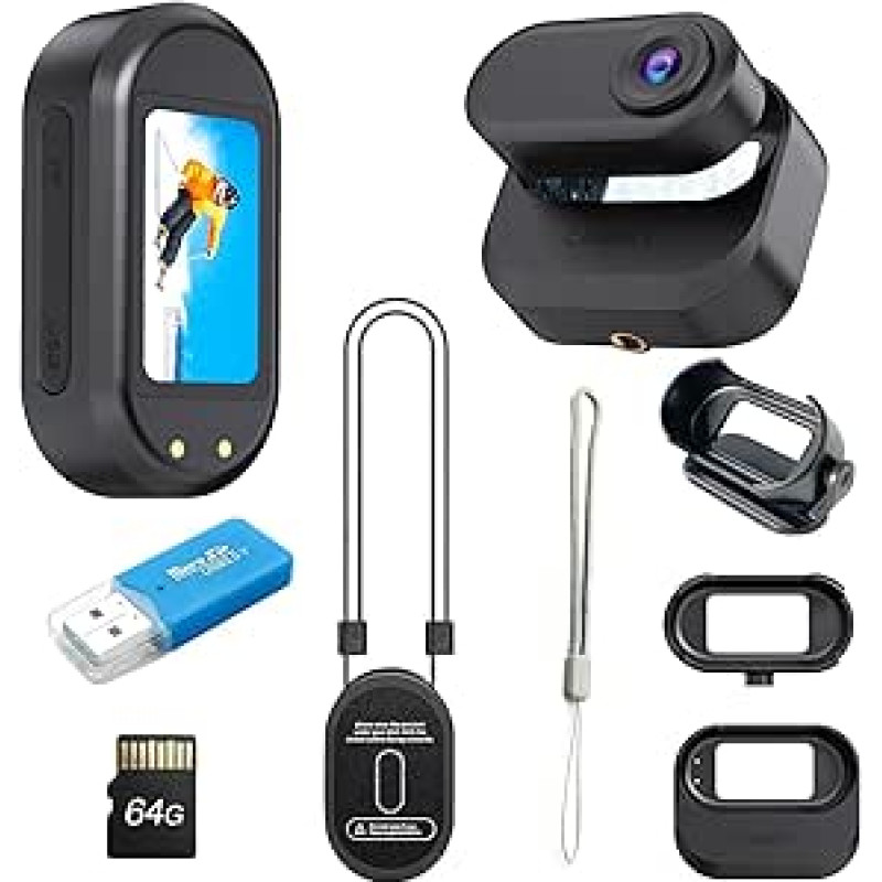 Mini veiksmo kamera, 64 GB nešiojama sporto kamera ir magnetinė įkrovimo dėžutė su 1150 mAh akumuliatoriumi, 1080P maža kamera su daugiafunkciniais priedais, skirta vaizdo įrašams, kelionėms, lauke, šalmo kamerai