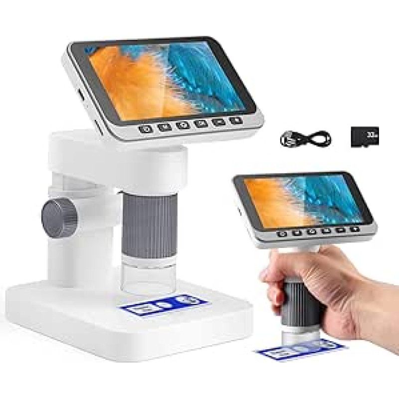 4,5 colio IPS mikroskopas, 5-1000X mikroskopas, nešiojamas, nuimamas, skirtas kūdikiams 1080P HD Avec 8 Lumières LED Reguliuojama SD kortelė 32