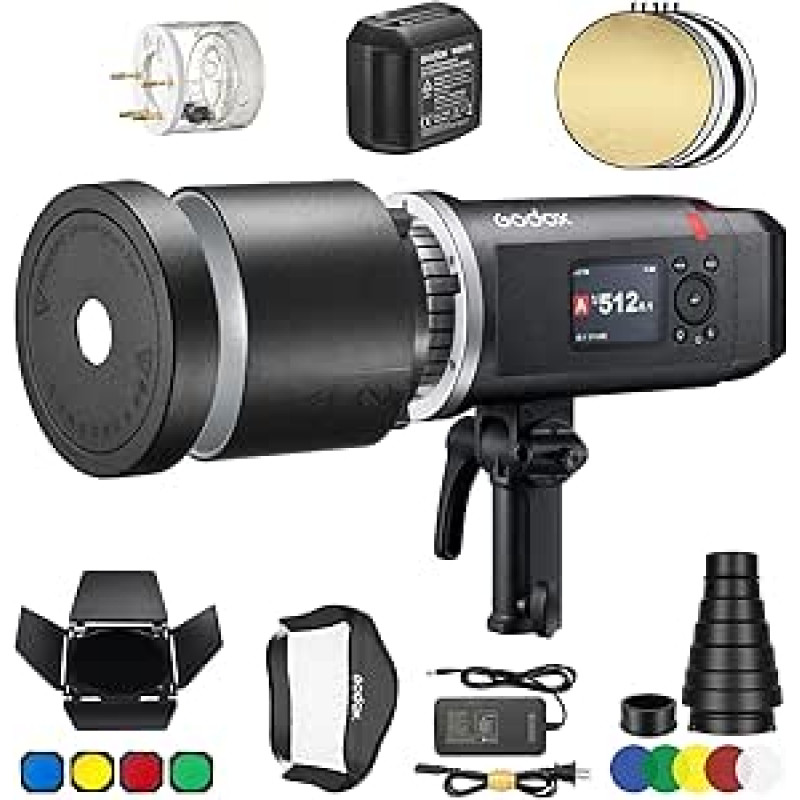 Godox AD600BM II 2025 Godox AD600BM Bowens laikiklis 600Ws GN87 HSS lauko blykstės stroboskopas, 1/8000s HSS Speedlite Monolight 40W reguliuojama šviesa su 32 x 32 colių softboxu, standartiniu reflektoriumi, Snoot, stogu