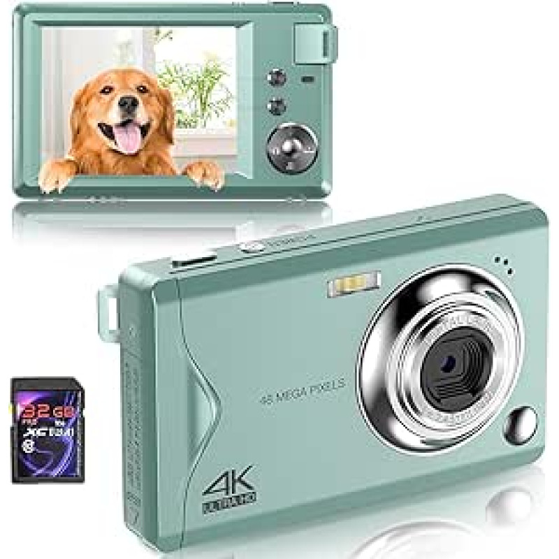 Skaitmeninis fotoaparatas, 48 MP 1080P Full HD fotoaparatas, 32 GB TF kortelė, 3,0 colių ekranas, nešiojamasis kompaktiškas fotoaparatas su 16x skaitmeniniu priartinimu, 4K Ultra HD vaizdo įrašymas, (žalias)