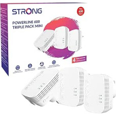 STRONG POWERL600DUOMINIUK AV600 Mini Powerline adapterio pradinis rinkinys, 3 pakuotės, iki 300 m atstumas, konfigūracijos nereikia, JK kištukas, baltos spalvos