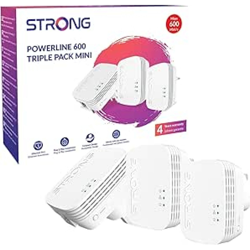 STRONG POWERL600DUOMINIUK AV600 Mini Powerline adapterio pradinis rinkinys, 3 pakuotės, iki 300 m atstumas, konfigūracijos nereikia, JK kištukas, baltos spalvos
