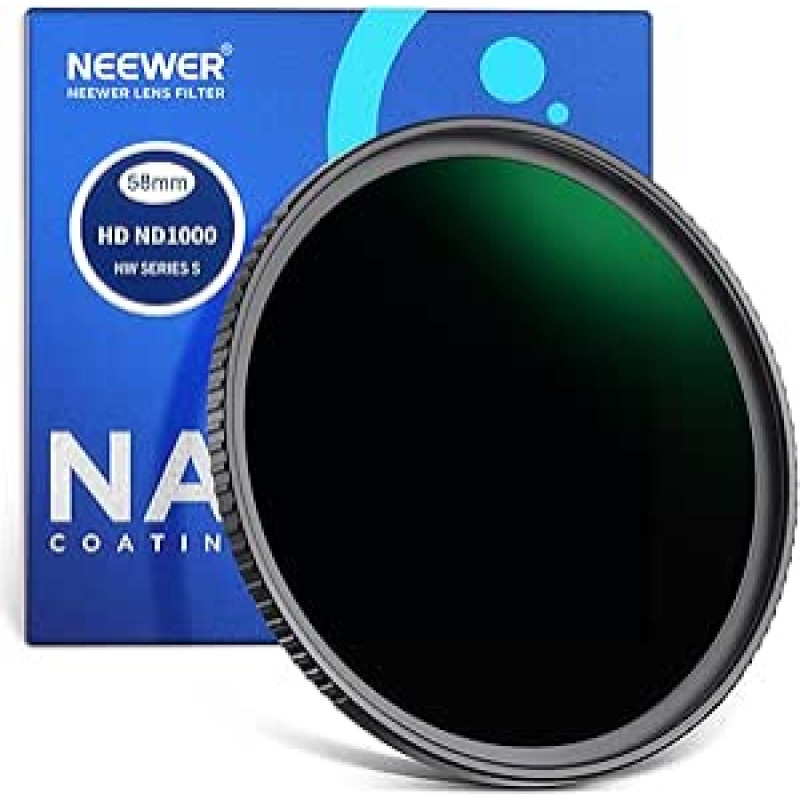 NEEWER 58 mm neutralaus tankio filtras ND1000 (10 pakopų) ND filtras su nano danga / optiniu HD stiklu / itin plonu matiniu juodu rėmeliu neutralaus tankio filtru