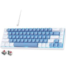 abucow 60 % mechaninė žaidimų klaviatūra, laidinė kompaktiška klaviatūra su mėlynu apšvietimu, mėlynais jungikliais ir keičiamais pilkais/juodais klavišais (balta/mėlyna)