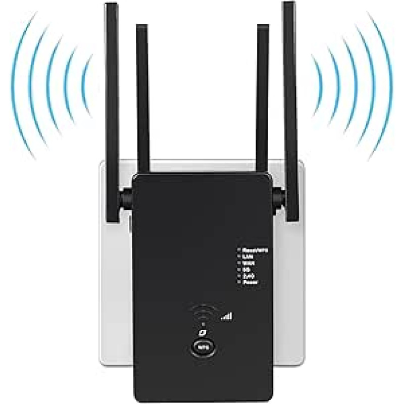 2025 Naujausias 1200 Mbps WLAN stiprintuvas, WLAN kartotuvas, dviejų dažnių WiFi signalo stiprintuvas su 4 išorinėmis antenomis ir interneto stiprintuvas su LAN/WAN prievadu.