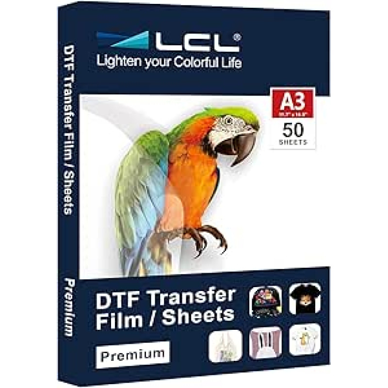 LCL DTF Transfer Film Paper DTF A3-50 Sheets, Premium Double-Sided Matt Clear PreTreat Sheets - Pet Heat Transfer Paper (29.7 cm x 42 cm)
