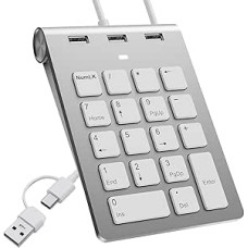 USB C/USB A laidinė skaitmeninė klaviatūra, skaitmeninė klaviatūra, ergonomiška mini skaičių klaviatūra su 3 USB 2.0 prievadais, 18 klavišų klaviatūra, biuro skaičiavimo skaičių klaviatūra nešiojamajam kompiuteriui, staliniam kompiuteriui, nešiojamajam ko