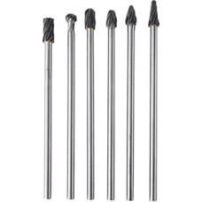 6 dalių volframo karbido aliuminio rotacinių frezų rinkinys, 6 mm kotas, 10 mm pjovimo skersmuo, įvairių formų, skirtas drožinėti, formuoti ir šalinti aštresnius daiktus