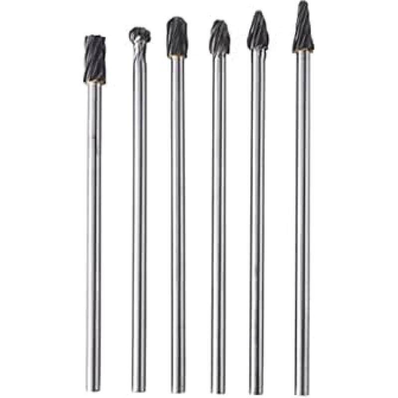 6 dalių volframo karbido aliuminio rotacinių frezų rinkinys, 6 mm kotas, 10 mm pjovimo skersmuo, įvairių formų, skirtas drožinėti, formuoti ir šalinti aštresnius daiktus