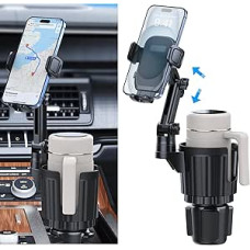 Cup Holder Phone Holder, 2 in 1 Universal Cup Holder Expander with Long Arm 360° Rotatable Cup Holder for Car Fits All iPhone Galaxy Smartphones and Most Truck Bottles