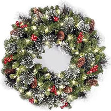 45 cm Christmas Wreath with 20 LEDs Lantern Balls Berries - Pre-lit Door Wreath Christmas Decor Front Door Indoor Outdoor Festive Decoration (Green B)