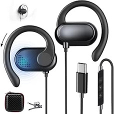 Atviros ausinės USB C Sportas Reguliuojamas ausies kabliukas Mikrofonas ir garsumo valdymas C tipo ausinės su kabeliu Samsung Galaxy S25 S24 iPhone 17 Air 16 15 Pixel 10 9 8 ausinės OnePlus 13