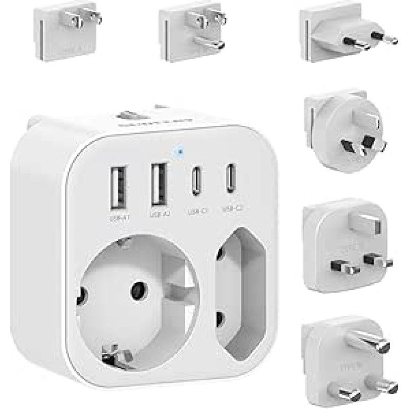 Kelioninis adapteris visame pasaulyje, universalus kelionių kištukas su 2 USB A ir 2 USB C, 6 nuimami tarptautiniai kištukiniai lizdų adapteriai, skirti JAV, JK, ES, Japonijai, Pietų Afrikai (6 kištukai)