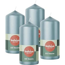 Bolsius Smooth Pillar Candles - Metallic Blue - 4 vnt. - 12 x 6 cm - Dekoratyvinės buitinės žvakės - Degimo trukmė 33 valandos - Nekvepiančios - Sudėtyje yra natūralaus augalinio vaško - Be palmių aliejaus