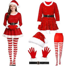 Moterų Kalėdų kostiumas, Kalėdų senelio kostiumų rinkinys, kalėdinės suknelės, kepurė, pirštinės, kojinės, diržas, moterų Kalėdų senelio kostiumas Kalėdų Cosplay, apranga Kalėdų vakarėlis moterims