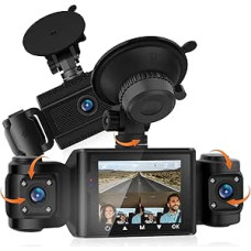 Automobilinė prietaisų skydelio kamera su 64 GB kortele - 3 kanalų priekinė ir vidinė prietaisų skydelio kamera - Full HD 1080P mini automobilinė kamera su judesio aptikimo funkcija, naktinio matymo funkcija, parkavimo stebėjimo funkcija, belaidis ryšys, 