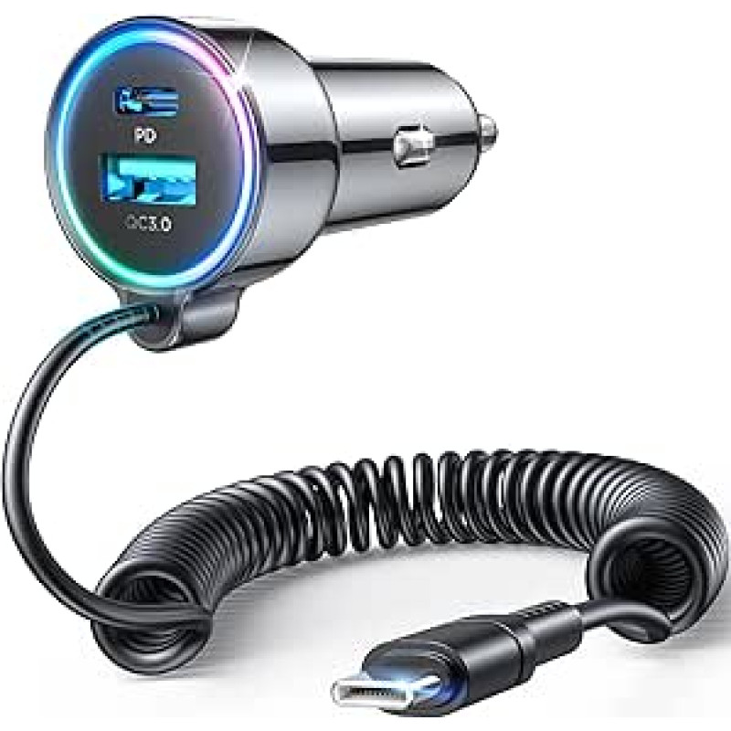 2026 Upgrade 90 W Cigaretės žiebtuvėlio USB C adapteris, [Dual Chip] 3 prievadų 45 W PD3.0 ir QC3.0 greitasis automobilinis įkroviklis su 1,5 m greituoju spiraliniu C tipo kabeliu, automobilinis įkroviklis iPhone 17/16/15, Samsung S25/24