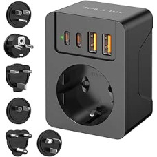 Kelioninis adapteris visame pasaulyje, 6 nuimamų adapterių rinkinys, tarptautinis kelioninis kištukas su USB C (PD 20W), 4 USB lizdo adapteris, A/E/F/G/B/I/M tipo, skirtas JAV/Japonijai/Pietų Afrikai/AUS/EU/UK