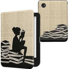 kwmobile Flip Case Compatible with Kobo Clara BW/Clara Colour/Tolino Shine (5) / Shine Colour Case - eReader Case - Woman Reading Black Beige
