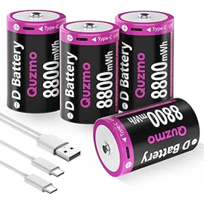 Įkraunama D baterija, 8800 mWh didelės talpos 1,5 V D tipo ličio baterijos, greitas įkrovimas per USB-C, D dydžio D tipo baterijos (4 vnt.)
