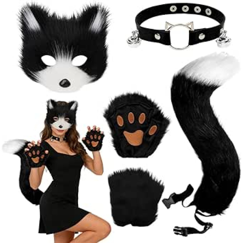 Lapės kostiumas, juodas, kailinė kostiumo uodega, kaukė, pirštinės, apykaklė, lapės kaukės rinkinys Helovino vakarėliui, Cosplay, karnavalui, Kalėdoms, maskarado aksesuarui