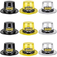 2026 Party Hat, New Year's Eve, Pack of 9 Party Hats, Gold, Black, Silver Hats with Lettering, Happy New Year, Happy New Year