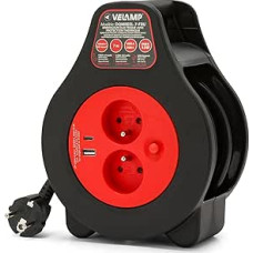 Velamp Electric Cable Reel 7 Metres - 2 French Sockets 2P+T + USB Port - Cable 1.0 mm², Heat Protection, Compact Housing for Indoor Use