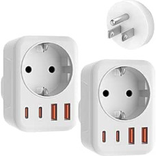 2 Pack USA Adapter Socket, 5-in-1 Adapter USA Germany Plug with 1 AC 2 USB-C 2 USB-A (3.4A), EU to US Travel Adapter for America Canada Thailand Mexico (Type B)