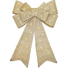 Pre-Lit Gold Christmas Bow - Flashing Dimmable LEDs Timer Remote Control Long Life Adhesive Pads - 22