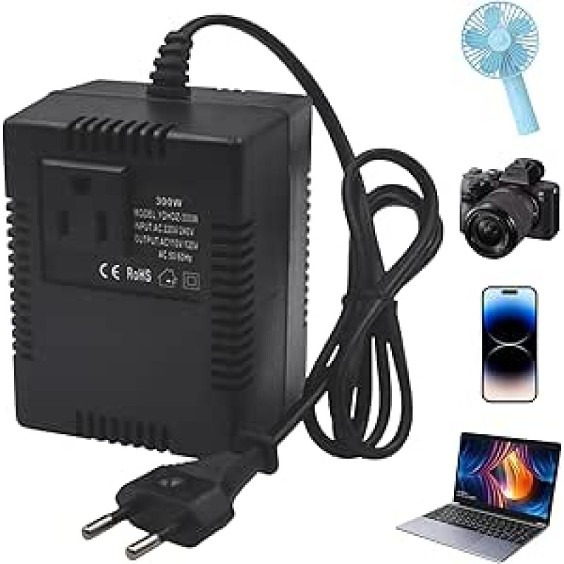 Įtampos keitiklis transformatorius iš 220 V į 110 V, 300 W galios adapteris su ES kištuku, kelioninis maitinimo adapteris oro valytuvui, kompiuteriui, mini fotoaparatams ir kt.